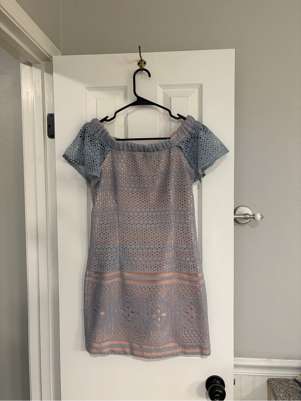 English Factory Off Shoulder Lace Mini Dress Blue Nude Medium